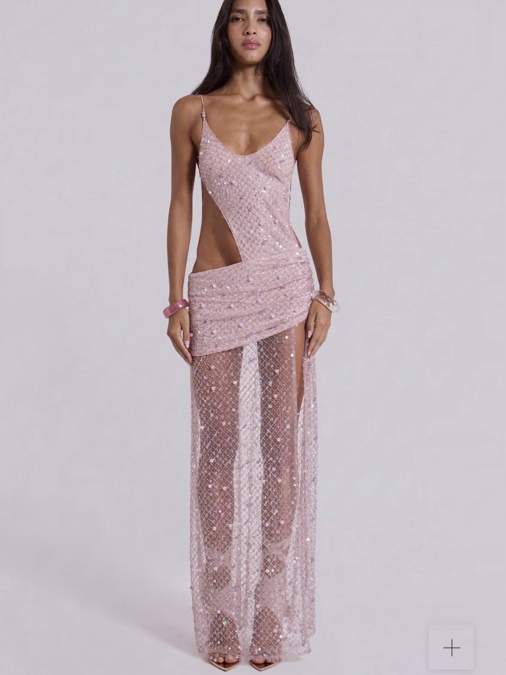 Jaded London Stellar Asymmetrical Hand Beaded Sheer Pink Maxi Dress Size 6 WOW!!